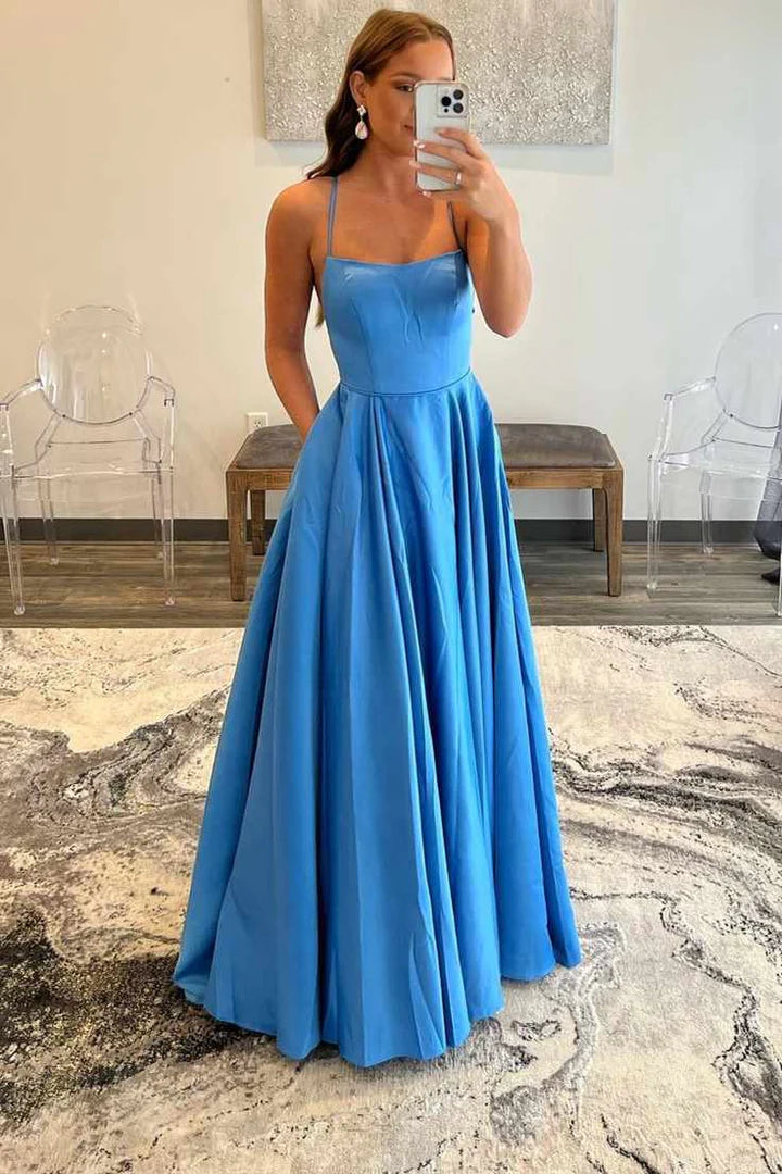 Vestido de fiesta con tirantes finos, corte A, sin tirantes, con cordones, espalda descubierta y largo hasta el suelo con abertura